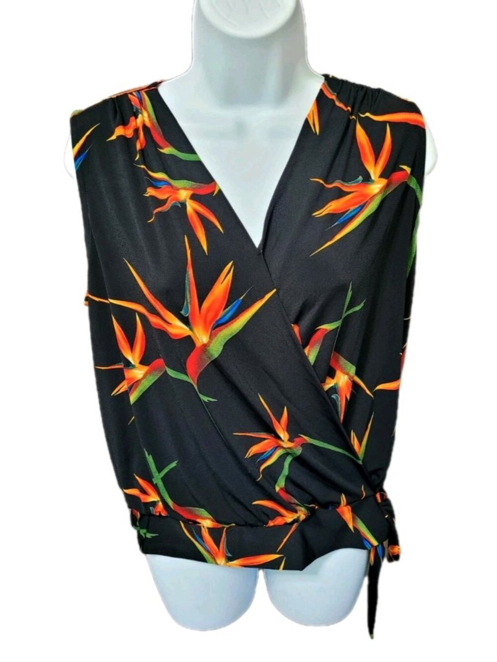 Tahari Women’s Wrap Top Tropical Bird of Paradise Sleeveless Tie Black Small